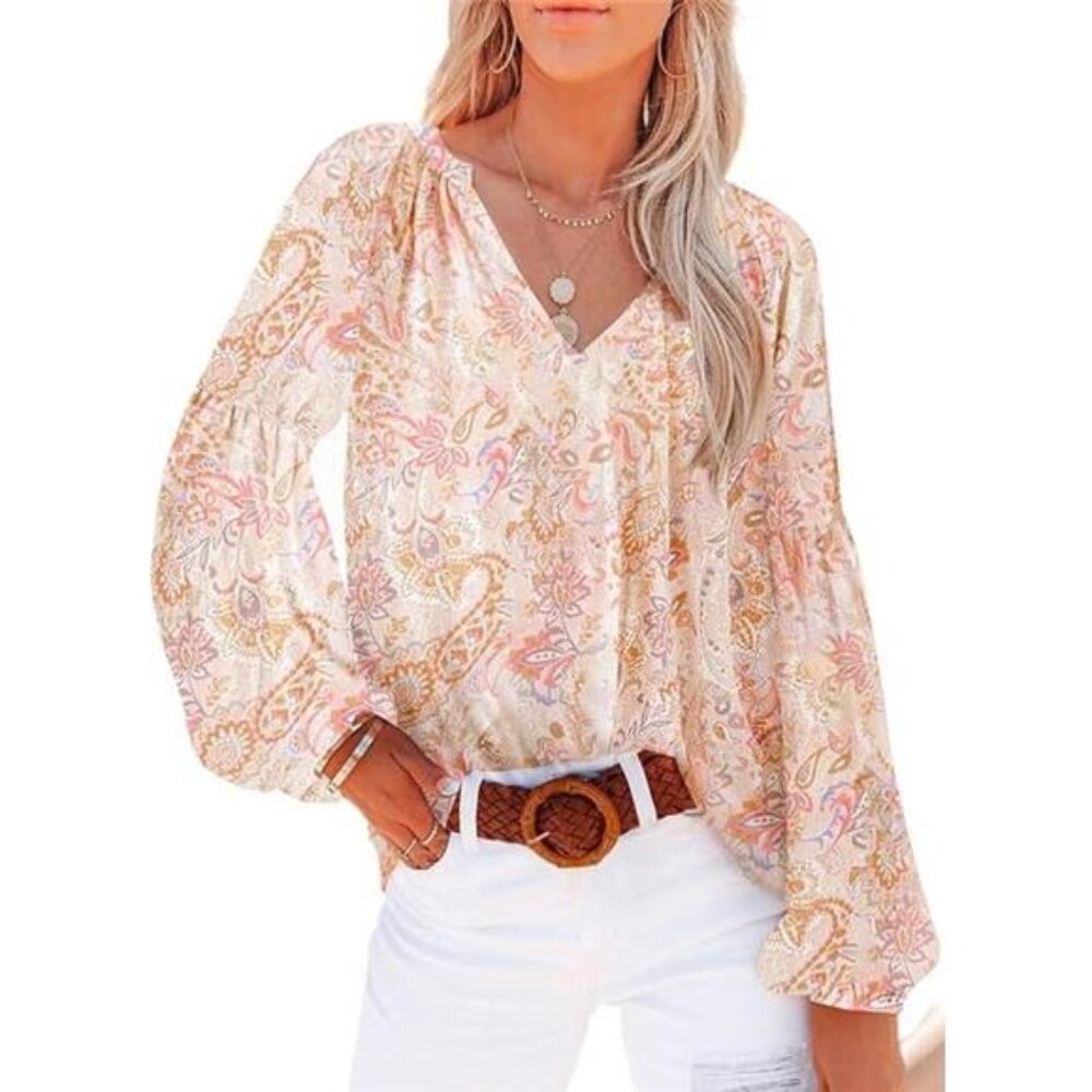 Women's Boho Floral V-Neck Blouse - Casual Long Sleeve‎ Loose Fit Shirt Top